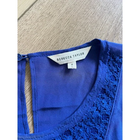 Rebecca Taylor Blue Lace V Neck Cap Sleeve High Low Silk Blend Women Top Size‎ 4 - Picture 4 of 7